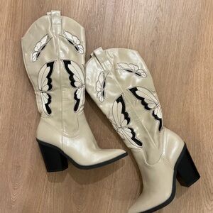 Boots Cream and Black Butterfly Heeled Boots